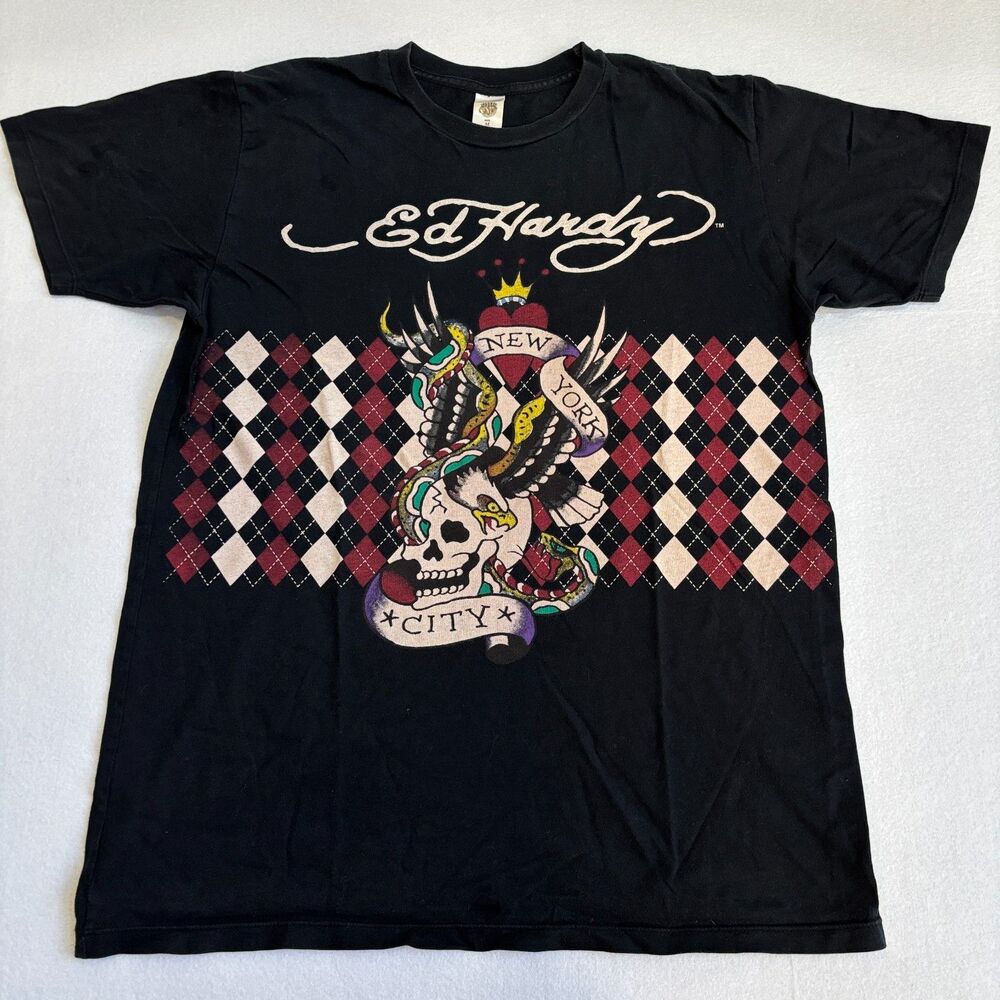 Ed Hardy VTG Y2K New York City T Shirt Mens M Black Skull Eagle 2000s USA Made